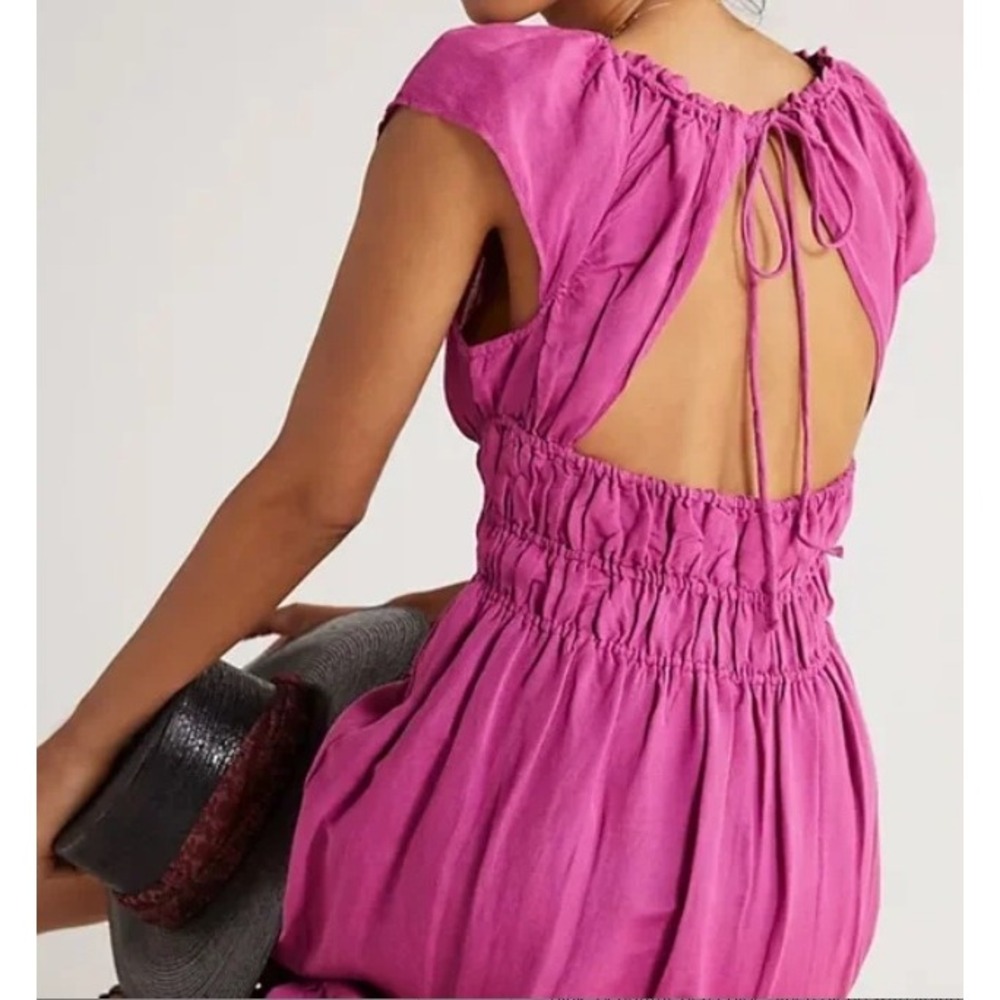 Anthropologie‎ Ariana Womens Dress Magenta Smocked Square Neck Tie Back Mini - Picture 4 of 6